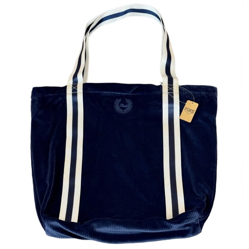 NWT PINK Victoria's Secret Navy Blue & White Velour Soft Ribbed Zipper Tote Bag